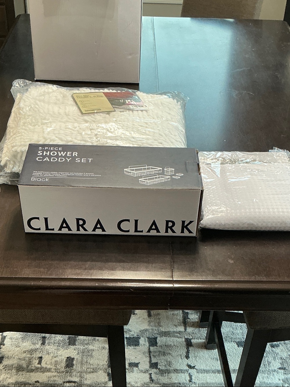 Clara Clark Black Shower Caddy Set with Bath Rugs and Shower Curtain